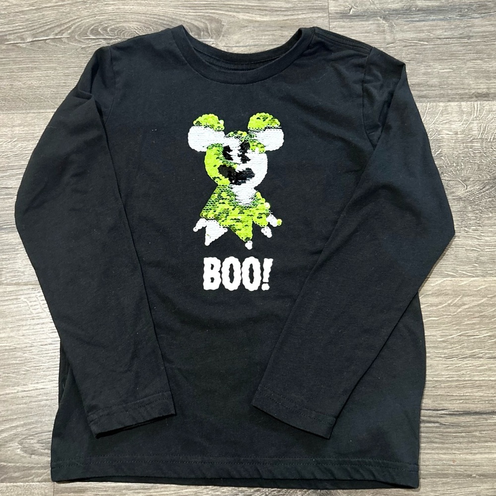 DISNEY Black Duo Sequin Boo Graphic Long Sleeve Shirt Halloween 5 6